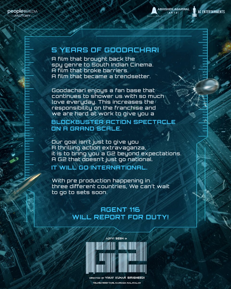 5 years for the GUNSHOT BLOCKBUSTER #Goodachari ❤️‍🔥

Agent 116 will be back with #G2 💥

This time, the action extravaganza will be beyond the borders and beyond all expectations 🔥

#5YearsOfGoodachari 

@AdiviSesh @vinaykumar7121 @peoplemediafcy @AAArtsOfficial