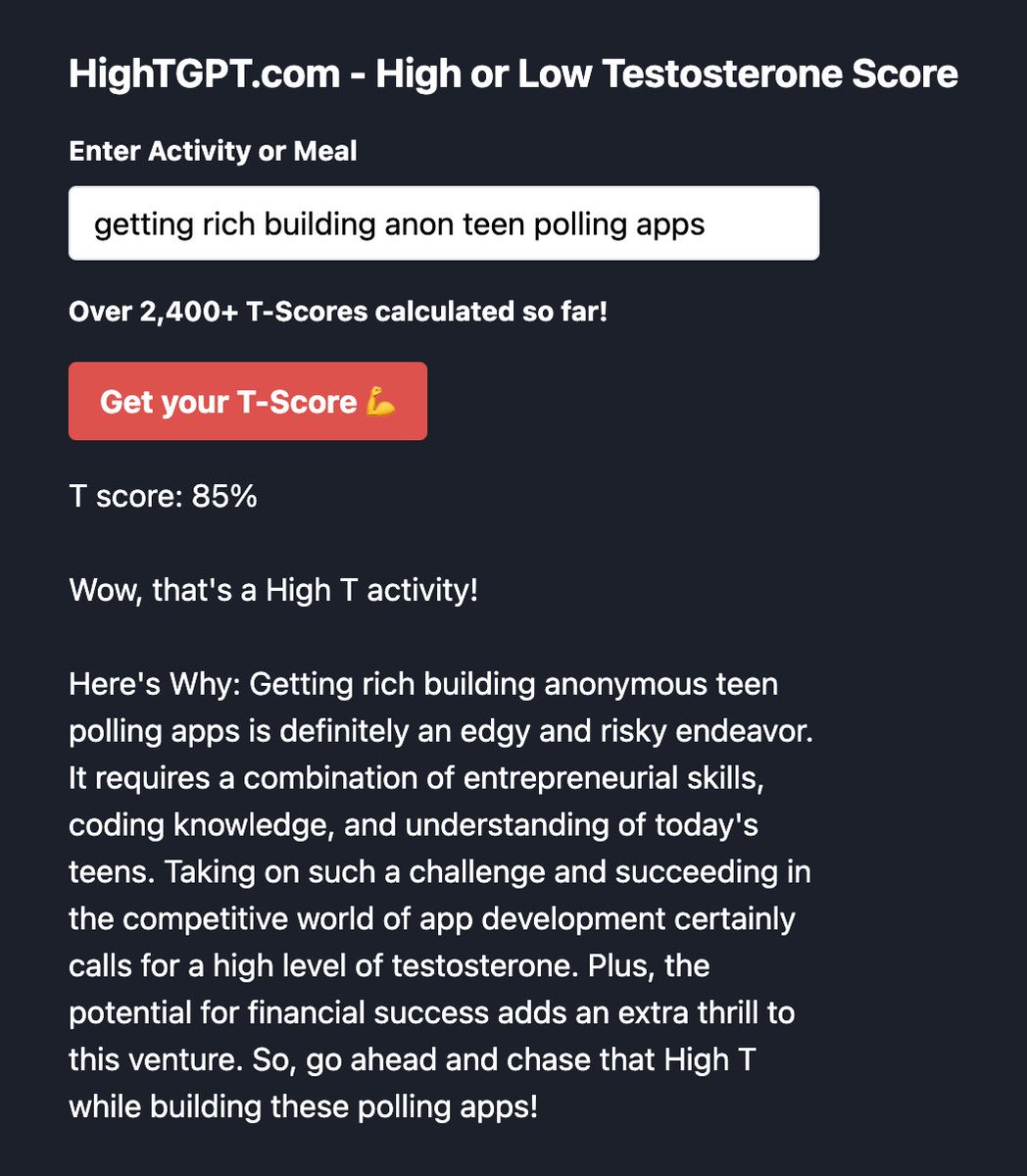 hightgpt's tweet photo. Congrats @nikitabier 

85% T-Score 

Getting rich building anon teen polling apps is a High T activity 💪 https://t.co/Zl7X3eWPRD