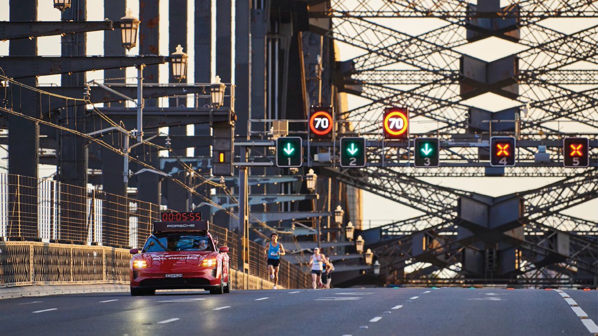 PorscheAus's tweet photo. Porsche Cars Australia is proud to be the Official Automotive Partner of the 2023 @sydmarathon, presented by ASICS. For the second consecutive year, the all-electric Taycan will lead the world-renowned race. 

 Read more: https://t.co/0IQSkIHKNg https://t.co/oWJiRPdLsM