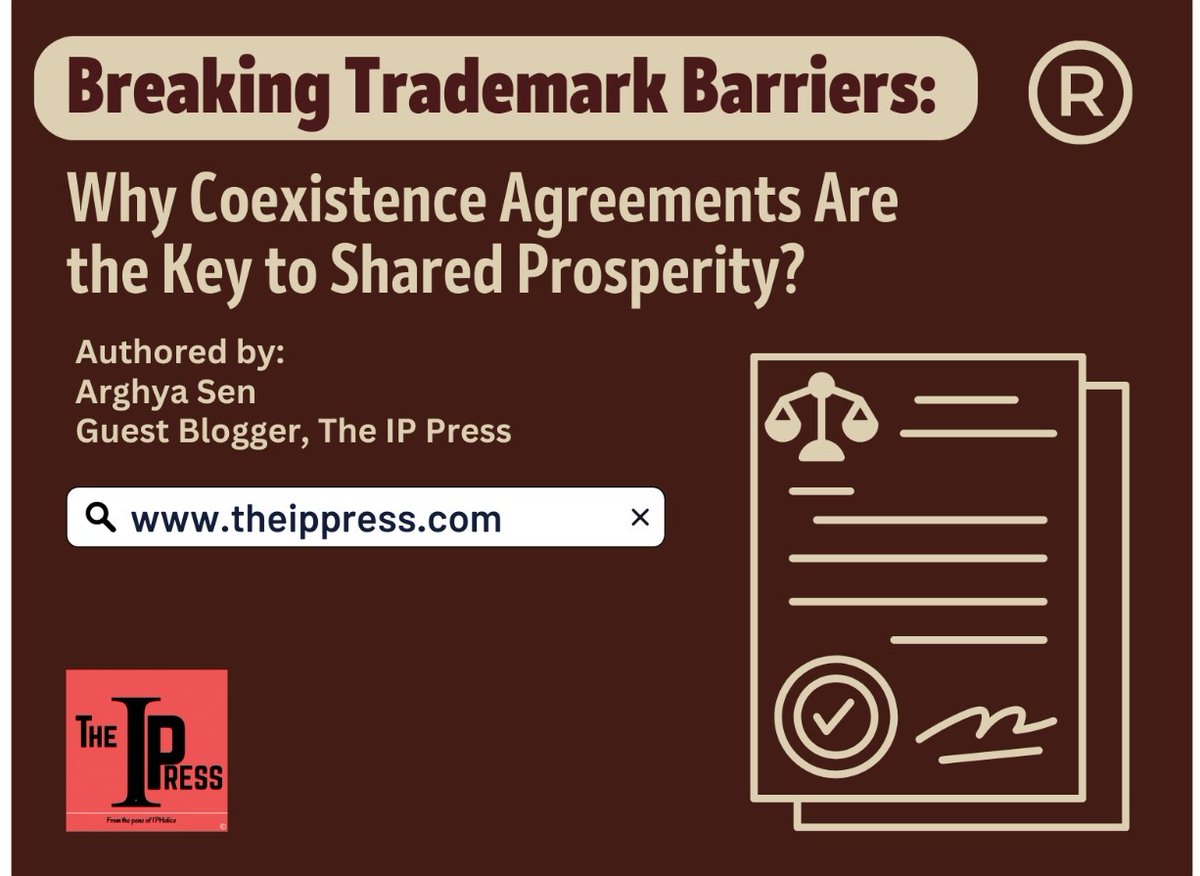 theippress's tweet photo. Breaking Trademark Barriers: Why Coexistence Agreements are the Key to Shared Prosperity?

Authored by: Arghya Sen

Read the full article here- https://t.co/ehdehSj4Rv

#theippress #ipholics #Trademark
#IntellectualProperty
#CoexistenceAgreement
#SharedProsperity
#ResearchPaper https://t.co/oNHhzB0Tn6