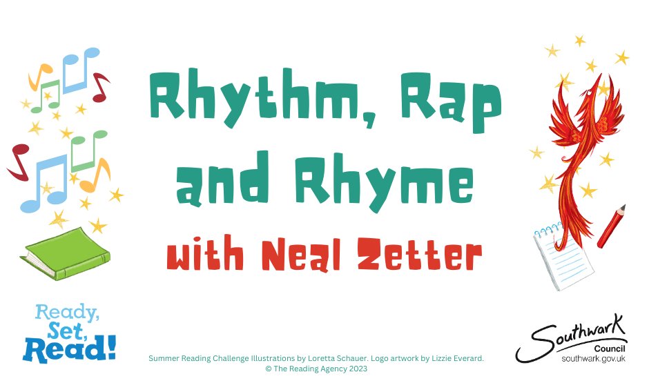 SouthwarkLibs's tweet image. Join us for Rhythm, Rap and Rhyme interactive poetry workshops for ages 6 to 11.
Led by children’s author and funny poet, Neal Zetter.

Monday 7 August 
#BlueAnchorLibrary at 11am to 12pm
#BrandonLibrary at 2.15pm to 3.15pm
orlo.uk/UvD1p

📖  😆 🎶 📢 @nealzetterpoet