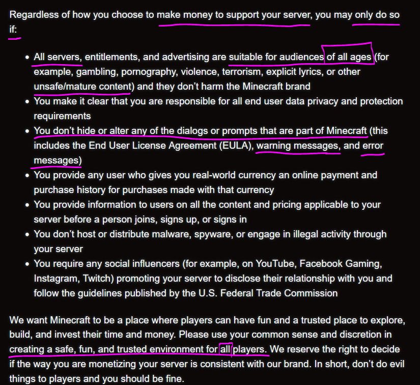 Minecraft Usage Guidelines

German translation minecraft.net/de-de/usage-gu… for minecraft.net/en-us/usage-gu…:
"Don't give access to [...] WE'VE UNFAIRLY OR IMPROPERLY MADE" 😬

Commercial use, Constructed Promotions &amp; more, maybe issue for some creators?

Read it all!

Have a good day 💙