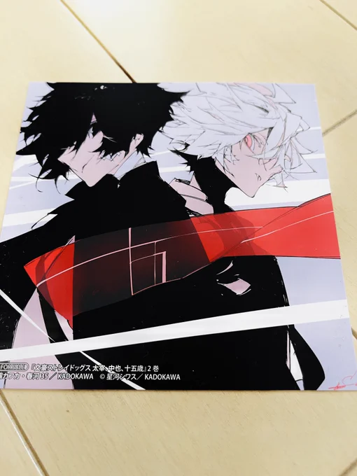 『文豪スト太宰、中也、十五歳』コミックス二巻の各店舗様特典は「アニメイト様」有償特典+複製ミニ色紙「ゲーマーズ様」ミニ色紙「メロンブックス様」イラストカード「ワンダーグー様」ポストカードとなっております。※掲載画像はアニメイト様特典の複製ミニ色紙です('▽')