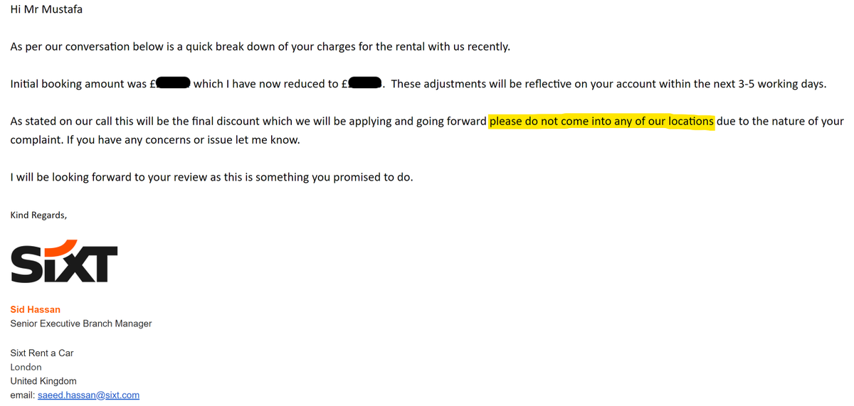 DanyalMustafa's tweet photo. One of your area managers is effectively telling me to get lost. @SixtUK is this how you treat your customers and aim to win new business?

Please have a representative from your Customer Service team call me urgently to discuss this matter, which has still not been resolved. https://t.co/NPZGFt85WD