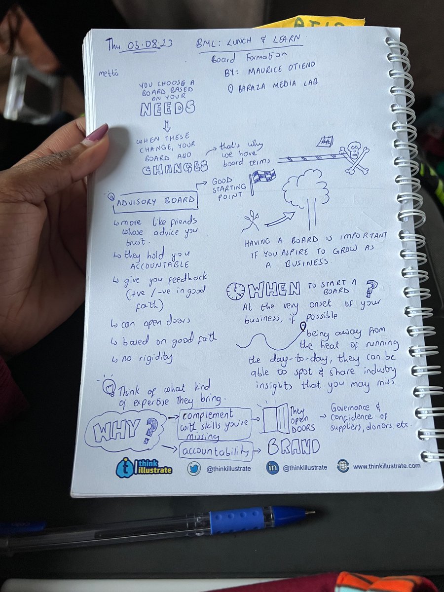 So glad I attended this talk on board formation by @MauriceOtienoO, hosted at @BarazaLab. The #sketchnotes below just show some quick tips I picked up.