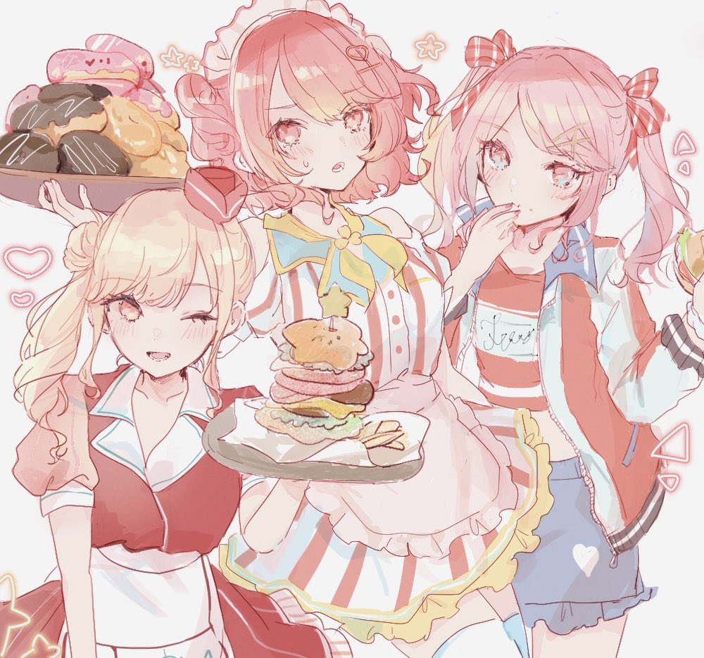 food pink eyes burger pink hair twintails tray multiple girls  illustration images
