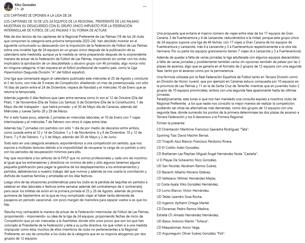 Antonioleonrgue's tweet photo. Los capitanes de 18 de los 24 equipos de la Regional Preferente de Las Palmas se unen para mostrar su desacuerdo a la imposición de la @FFLasPalmas de la liga del grupo único de 24 equipos en la liga más larga y disparatada de la historia sin contar con los equipos que la forman. https://t.co/JTqsZfwB0o