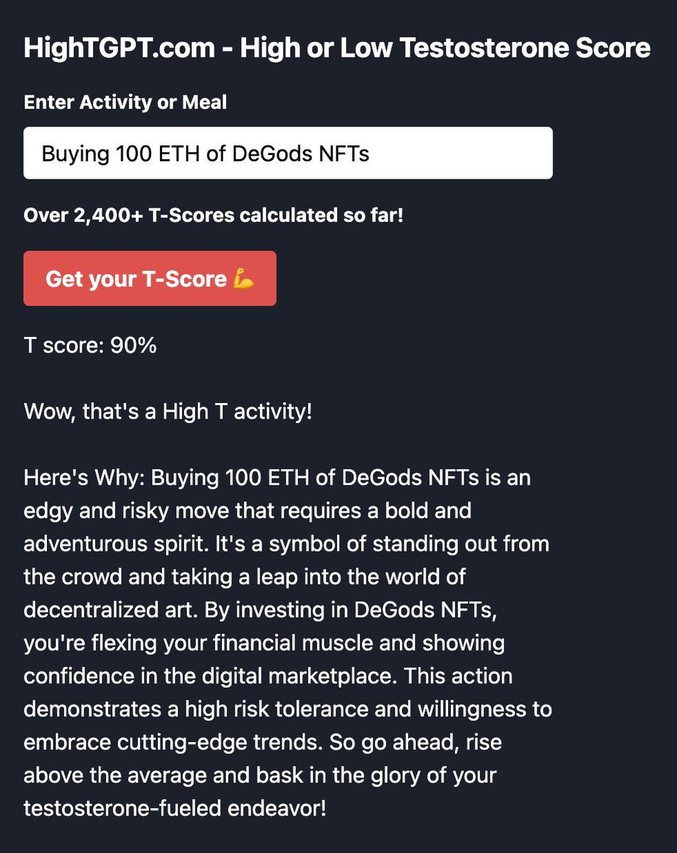 hightgpt's tweet photo. Want to elevate your T-Score?

Buy 100 ETH of @DeGodsNFT

T-Score: 90%

Let's go @frankdegods 🙌🙌 https://t.co/olJwVh9TRU