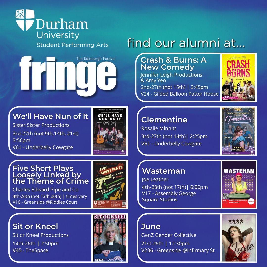 Durham University (@durham_uni) on Twitter photo Six of our talented <a href="/DStudentTheatre/">Durham Student Theatre</a> and <a href="/DurhamMusicSoc/">Music Durham</a> companies took to the stage at this year's <a href="/durhamfringe/">Durham Fringe Festival</a>! 🎭
If you missed them in Durham, check out this year's <a href="/edfringe/">Edinburgh Festival Fringe</a>! 👏
Book to see them here 👉 fal.cn/3Aqwo
#DUinspire #DurhamFringe23 #edfringe Six of our talented <a href="/DStudentTheatre/">Durham Student Theatre</a> and <a href="/DurhamMusicSoc/">Music Durham</a> companies took to the stage at this year's <a href="/durhamfringe/">Durham Fringe Festival</a>! 🎭
If you missed them in Durham, check out this year's <a href="/edfringe/">Edinburgh Festival Fringe</a>! 👏
Book to see them here 👉 fal.cn/3Aqwo
#DUinspire #DurhamFringe23 #edfringe