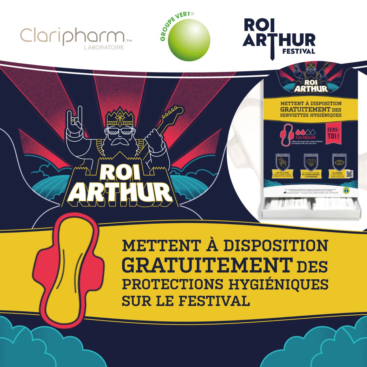 FstvlRoiArthur's tweet image. 💡👩 DES SERVIETTES HYGIÉNIQUES DISPONIBLES GRATUITEMENT AUX WC DU CHÂTEAU !
En partenariat avec #GroupeVert – réseau d’entreprises de propreté 100% breton - et @ClariPharm Laboratoire, le Roi s’engage pour le bien-être et le confort des festivalières !