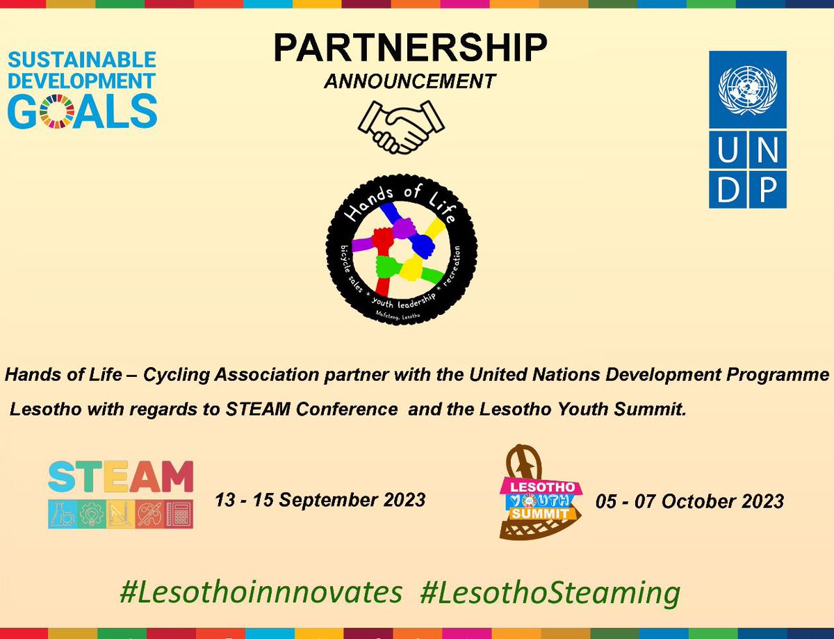 HandsCycling's tweet photo. We are proud to welcome and announce our new partnership with @UNDPLesotho with regard to Lesotho Youth Summit scheduled for 05- 07 October 2023. https://t.co/JFvlkiMU9A
