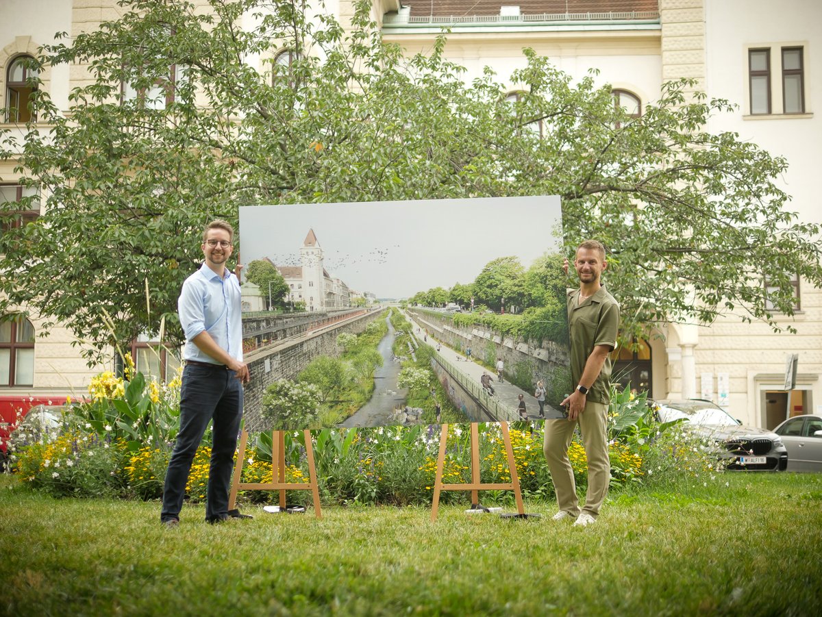 Machen wir den #Wienfluss zur grünen Oase! 🏝️ 

Mit Ausbau d Wiental-Kanals bis 2028 gelangen keine Abwasser mehr hinein – Bahn frei für einen Natur- &amp; Erholungsraum für Menschen, Pflanzen &amp; Tiere! Heute haben <a href="/peterkraus/">Peter Kraus</a> <a href="/KIlIeou/">Kilian Stark 🚲</a> unsere Vision der Wienfluss-Oase vorgestellt. 🧵