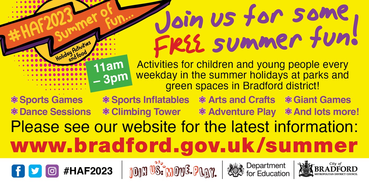 We're running FREE activities for 5-14 year-olds in parks as part of our HAF Summer of Fun. Bouncy castles, giant games, sports, arts and more. Find out when we are coming to your local park; orlo.uk/jYl1J #HAF2023