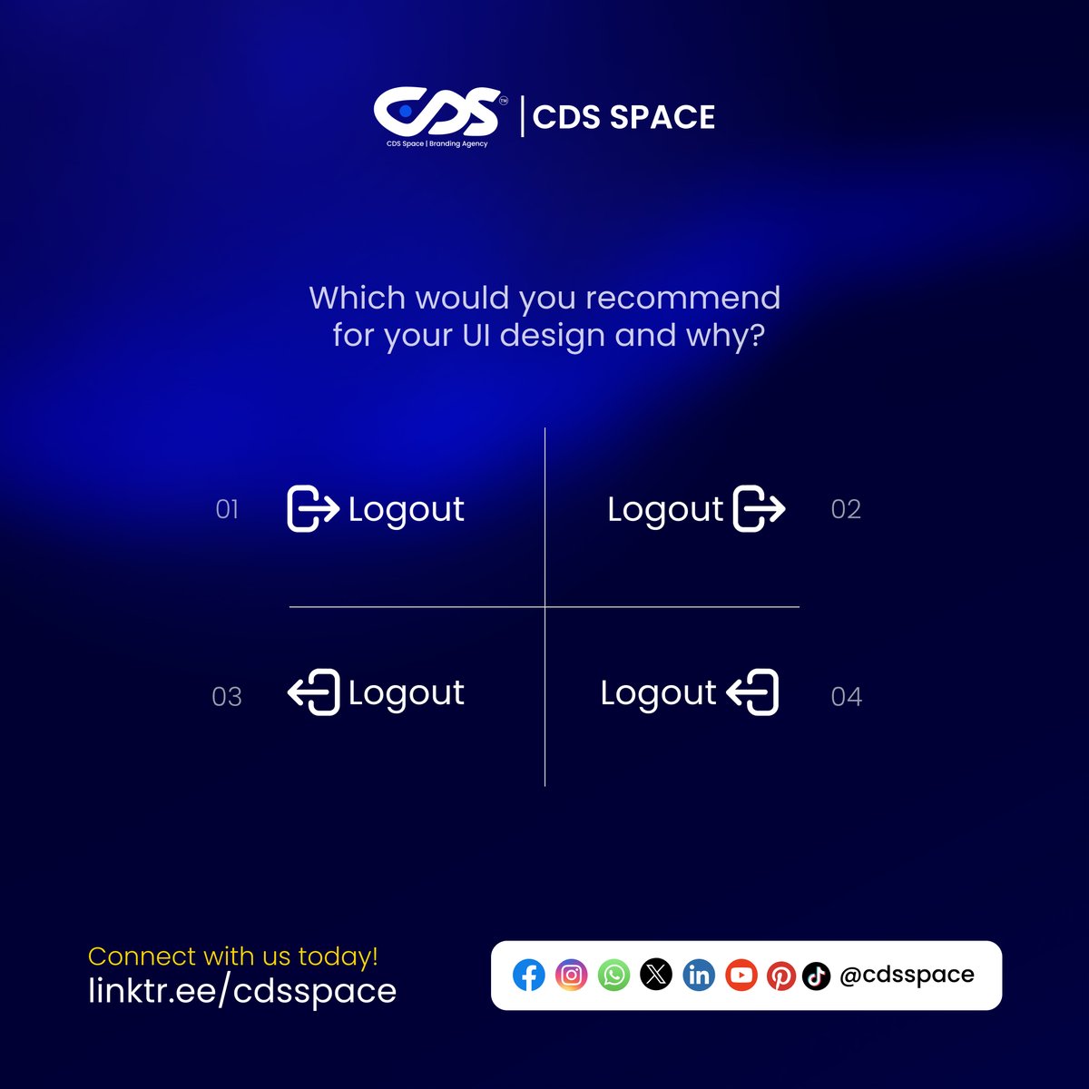 Hello creatives and brand owners!
Which of these logout buttons would you prefer?

#UIDesign #WebsiteDesign #LogoutIcon #MinimalDesign #DesignSchool #DesignTraining #DesignEducation #DesignInspiration #DesignCommunity #DesignTips #cdsspace