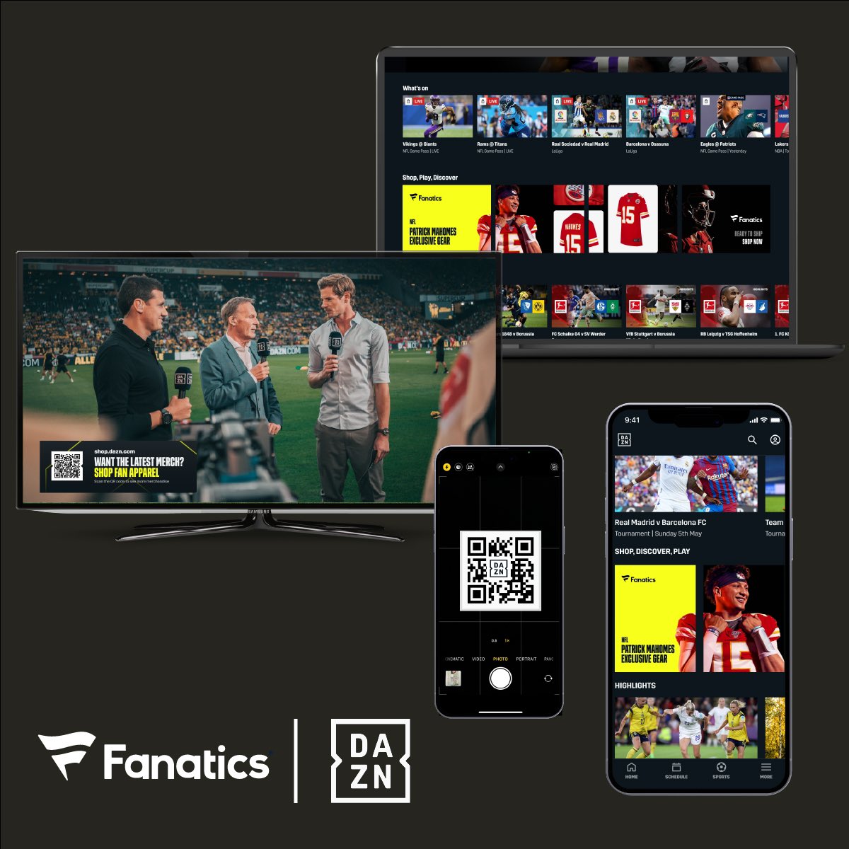 DAZN Group and @Fanatics have joined forces to deliver the ultimate integrated sports fan experience worldwide. Our ever-growing global sports streaming and entertainment platform will integrate Fanatics' extensive range of licensed sports products, for fans to purchase a wide