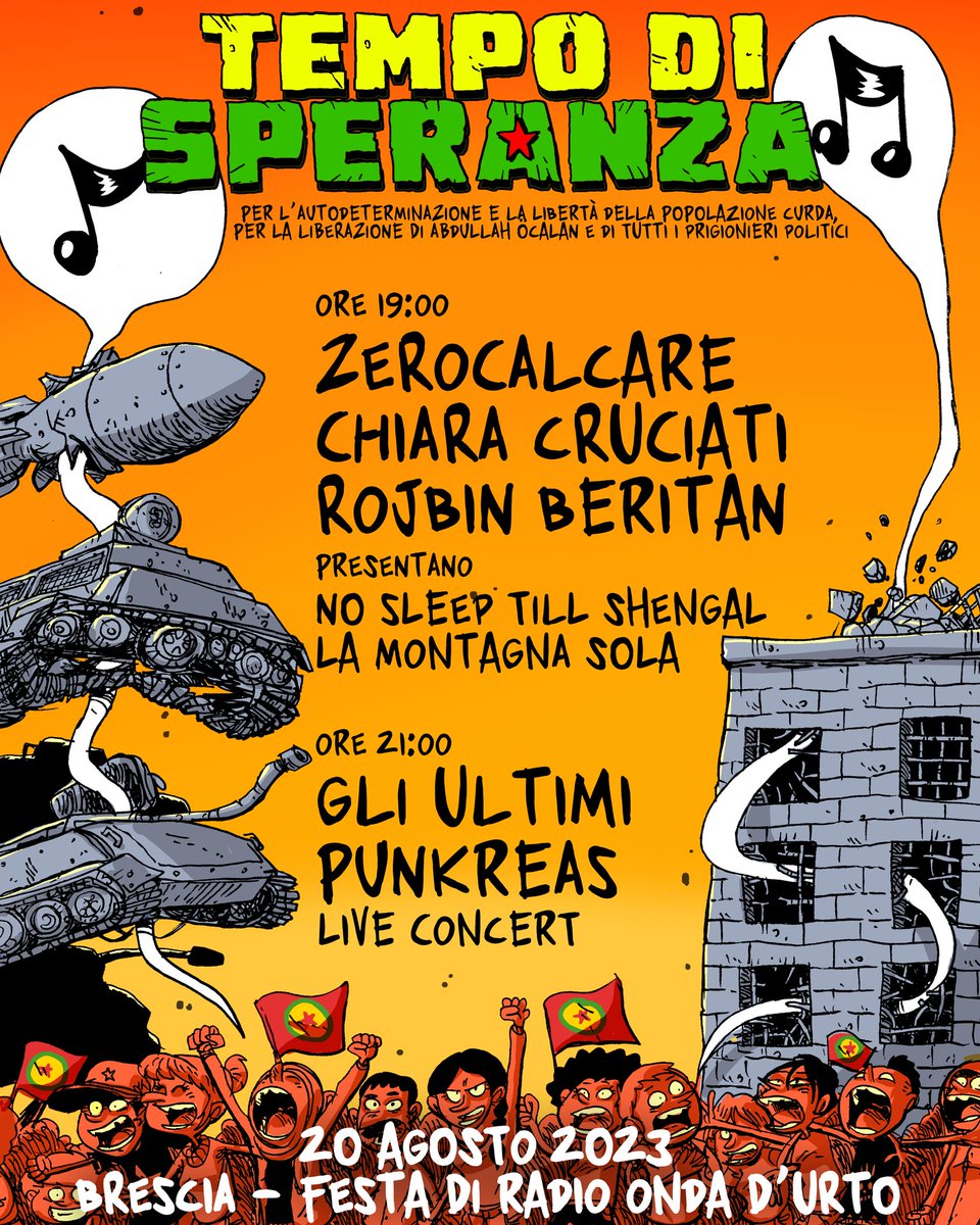 UIKIONLUS's tweet photo. #Brescia
Domenica 20 agosto 2023

ALLA FESTA DI @radiondadurto
"TEMPO DI SPERANZA"

Per l'autodeterminazione e la libertà della popolazione curda
Per la liberazione di Abdullah Ocalan e di tutti i prigionieri politici. https://t.co/KjayTVe2Jj