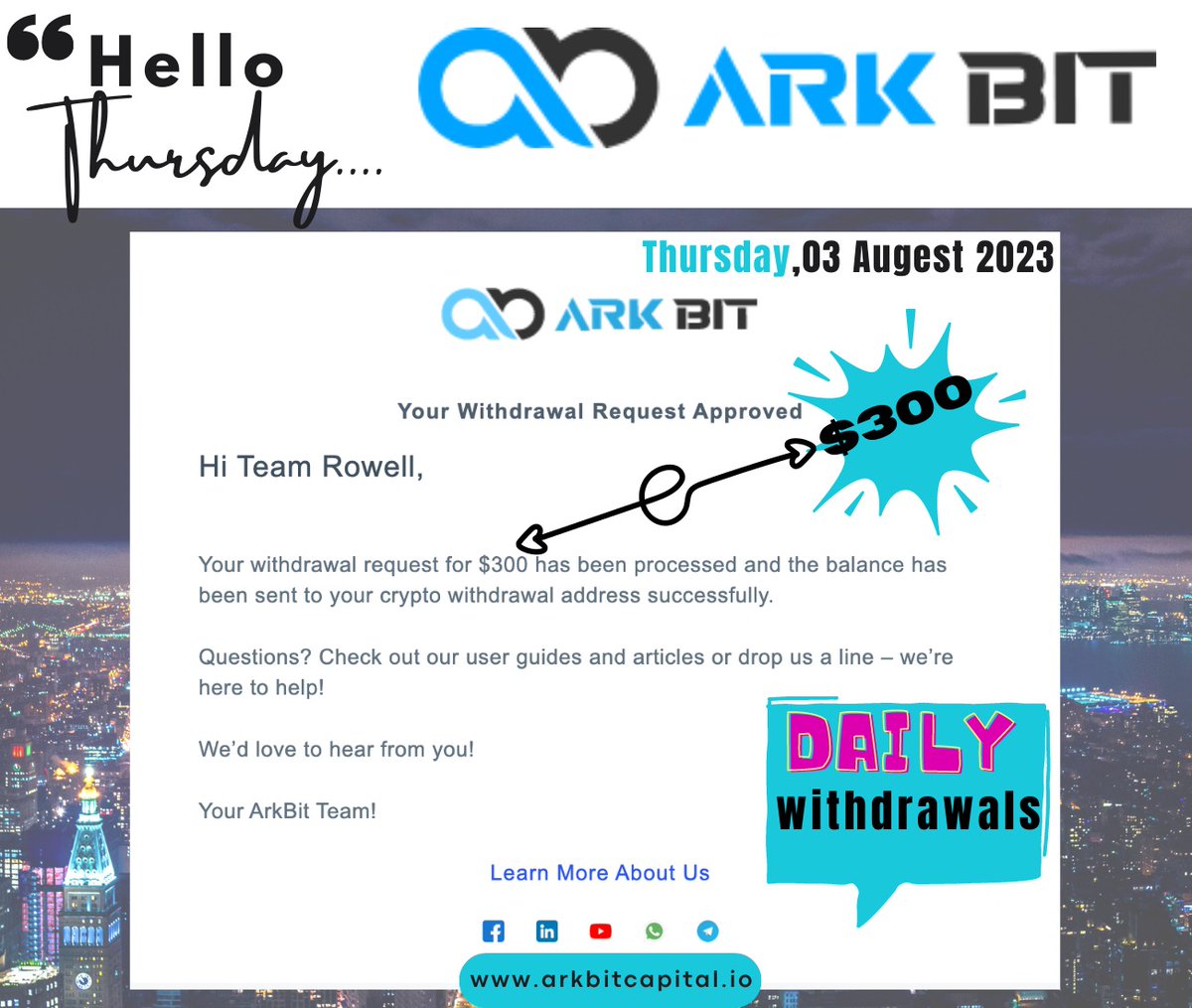 MalmAstrom's tweet photo. https://t.co/YTPl4w6ypV
"Hello Thursday
03 August,2023
$300 successfully received !!
"Unlock๐benefits, join my network!"
i. Synergy and Teamwork
ii.Spillover Effect
iii.Balanced Growth
iv.Higher Income Potential
v. Performance-Based Rewards
#Dailywithdrawals #arkbitcapital https://t.co/8fmwtXEynv