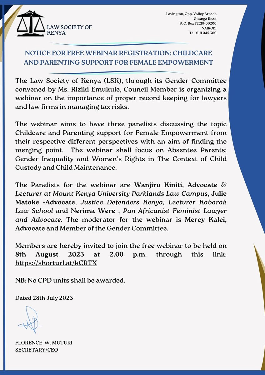 WIPKenya's tweet photo. WIP Kenya continually supports the growth and development of women. 

In line with this objective, we invite you to join the upcoming free webinar surrounding the topic of Childcare and Parenting Supporting for Female Empowerment, hosted by @LawSocietyofKe https://t.co/nJwK02hsbJ