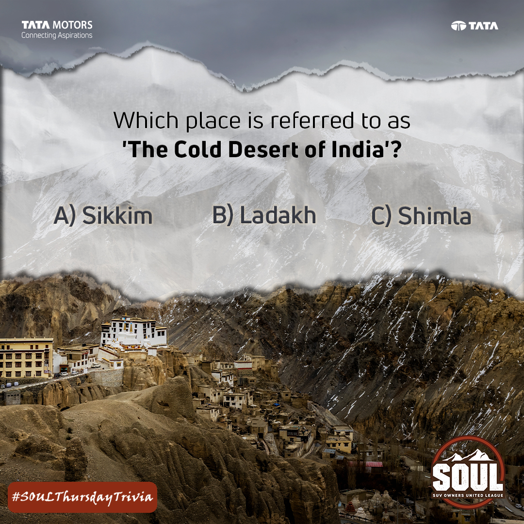TataMotors_Cars's tweet image. Buckle up for a game of trivia!🔍​
​
Hint:  This place is the land of high passes and known as &apos;Little Tibet&apos;.​
​
Let us know the right answer in the comments below.​
​
#DriveWithSOUL #SOULThursdayTrivia #ConnectWithSOUL #TataHarrier #TataSafari #TataMotorsPassengerVehicles #Quiz