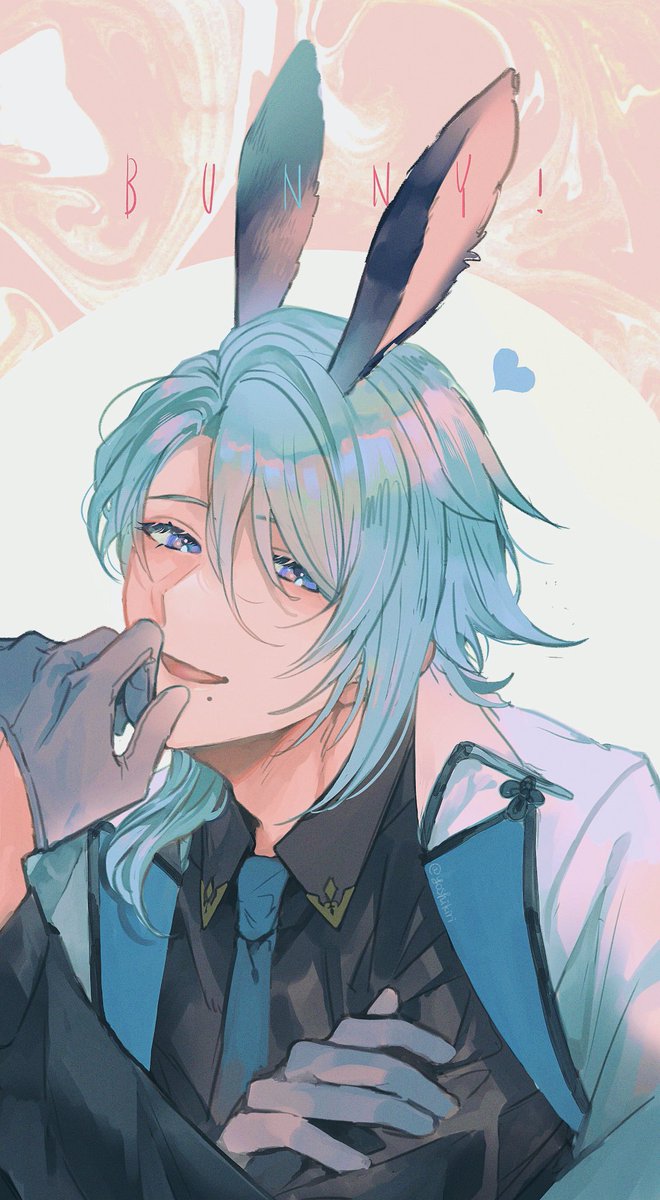 kamisato ayato animal ears male focus rabbit ears mole under mouth gloves blue eyes blue hair  illustration images