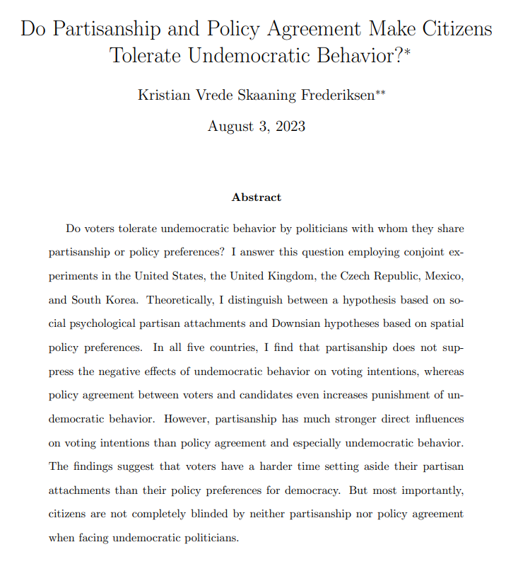 Do voters tolerate undemocratic behavior by politicians with whom they share partisanship or policy preferences? Delighted that my paper answering this question has received final acceptance from @The_JOP.