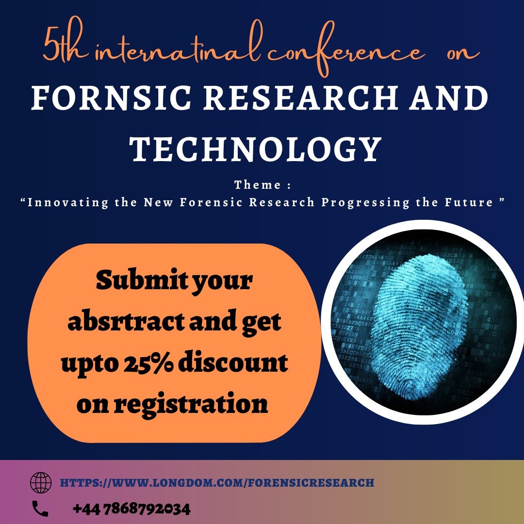 Hello I would like to invite you for the International Conference on Forensic research and Research scheduled on Dec 14-15, 2023 in Dubai, UAE. Kindly let me know your interest. Website Link: longdom.com/forensicresear…