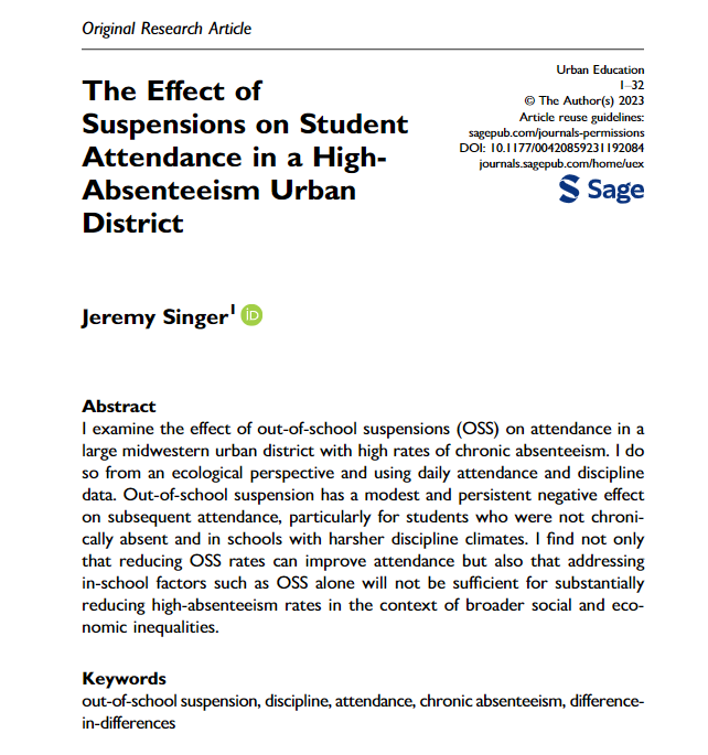 jeremylsinger's tweet photo. 🚨new publication alert!🚨 In @UrbanEdJournal, I examine the effect of an out-of-school suspensions (OSS) on subsequent student attendance (excluding OSS days themselves). https://t.co/MvoQ55KlPF