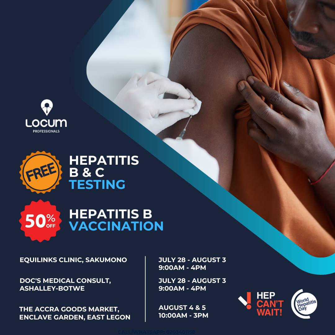 Locum Pro is still #NotWaiting!

Today (Aug 3) is the last day of free Hepatitis B&C testing and 50% off vaccination at our partner centers Equilinks Clinic and Doc's Medical Consult. 

Then, we will be at The Accra Goods Market tomorrow and Saturday (August 4&5). Come through!
