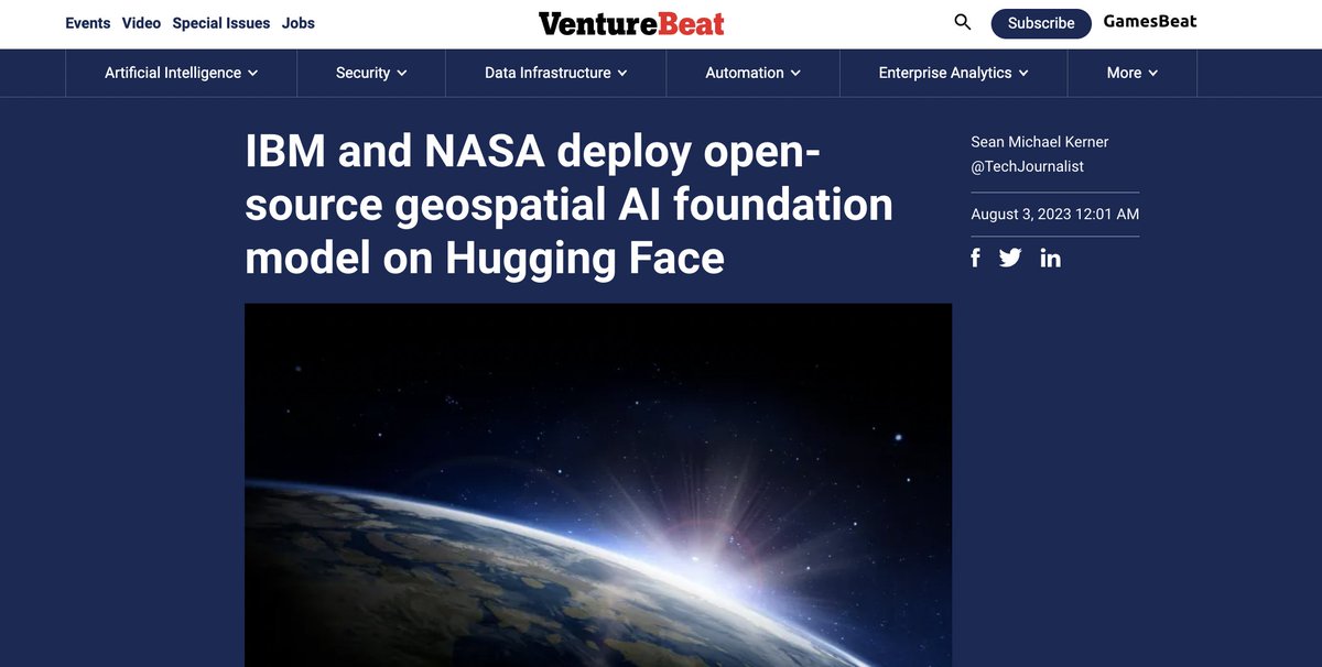 clem 🤗 (@clementdelangue) on Twitter photo Welcome to <a href="/NASA/">NASA</a>! Excited to start seeing more space, physics, biology, chemistry,... models, datasets and apps on the <a href="/huggingface/">Hugging Face</a> platform.
You can find the models here: huggingface.co/ibm-nasa-geosp… and the article by <a href="/VentureBeat/">VentureBeat</a> here: venturebeat.com/ai/ibm-and-nas… Welcome to <a href="/NASA/">NASA</a>! Excited to start seeing more space, physics, biology, chemistry,... models, datasets and apps on the <a href="/huggingface/">Hugging Face</a> platform.
You can find the models here: huggingface.co/ibm-nasa-geosp… and the article by <a href="/VentureBeat/">VentureBeat</a> here: venturebeat.com/ai/ibm-and-nas…