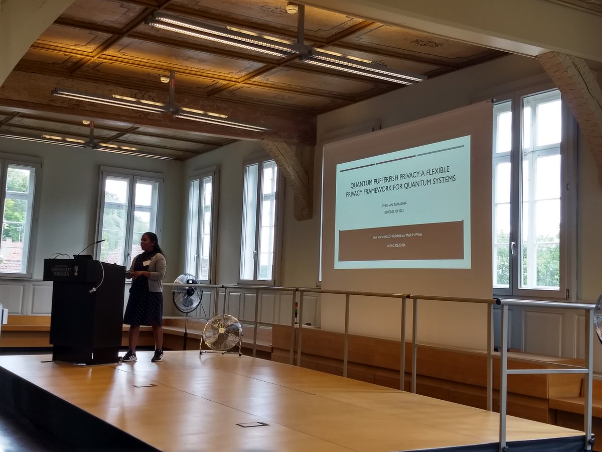 markwilde's tweet photo. Theshani Nuradha presents "Quantum Pufferfish Privacy" https://t.co/ytkTIEqk9X in what appears to be a 🔥🔥🔥 room, with multiple fans going, at #biid11 #biid #beyondiid #beyondiid11 https://t.co/KL2dDVbLm2