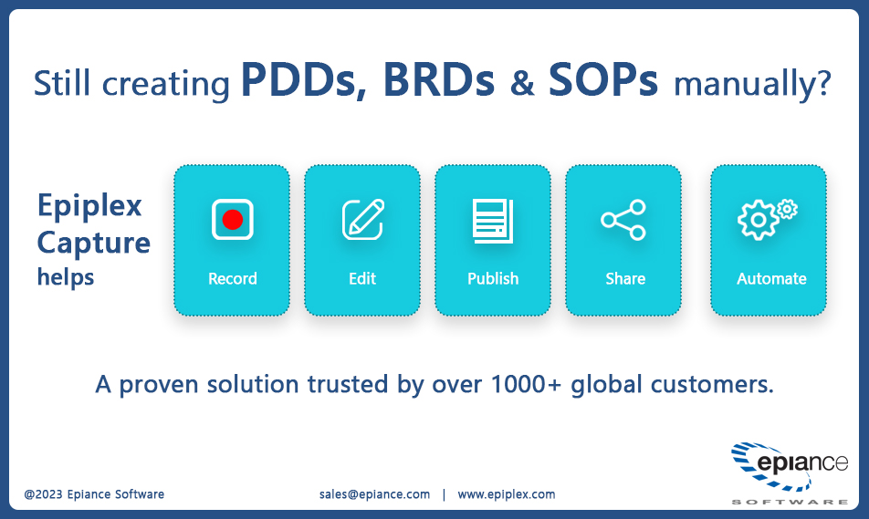 epiplex_ai's tweet photo. Tired of manually creating #PDDs, #BRDs, and #SOPs? Epiplex Capture is an innovative solution to record, edit, publish, share, and automate with ease!
Captures details across different apps including Citrix & VDI environments
Lightweight architecture with a low-memory footprint https://t.co/8mpswJjo13