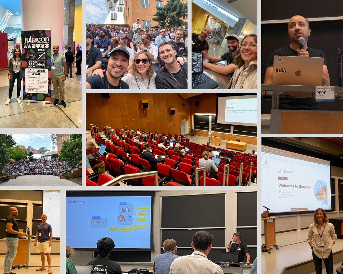 GenieMVC's tweet photo. We had an incredible time at the 10th #JuliaCon at MIT! The largest one yet, it was inspiring to see how #JuliaLang is being used at the forefront of industry and research.
It was exciting to meet so many #GenieFramework users, who are putting our tools to work in fields like astronomy, health, climate research, and financial services. A special shoutout to the amazing @tcarion93, whose app showcasing atmospheric dispersion models was a show-stopper! ๐ฅ
Moments like these remind us of the tremendous power of #opensource communities and how they continue to push the boundaries of what's possible.