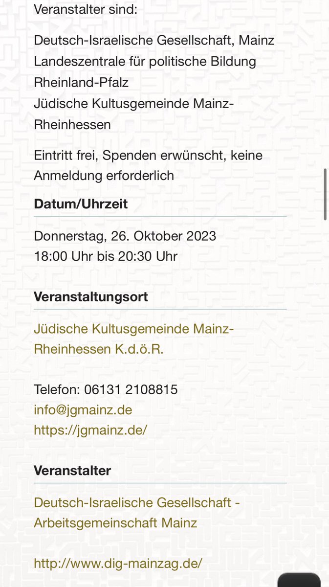 Am 26. Oktober lese ich in der Mainzer Jüdischen Gemeinde aus meinem Buch, ab 18 Uhr, der Eintritt ist frei: jgmainz.de/?dfxid=1242153