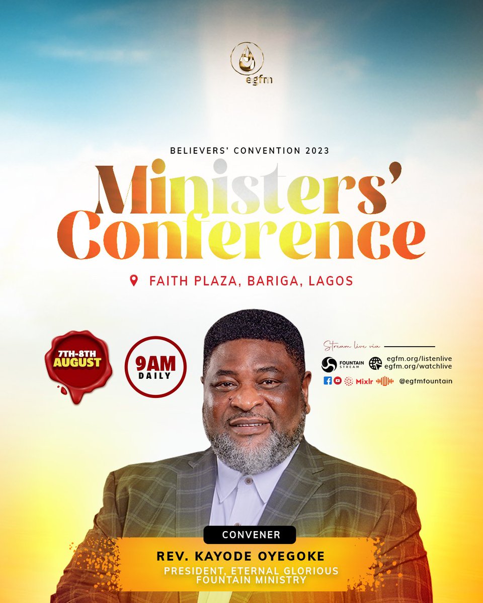 Get equipped to prepare God's flock in your care unto glory and find fulfilment in your calling.

Attend Believers' Convention 2023 Ministers' Conference.

Date: 7th - 8th August 
Time: 9:00 am (WAT) daily

Venue: FAITH PLAZA, Behind CMS Grammar School, Bariga Lagos.
#BECON23