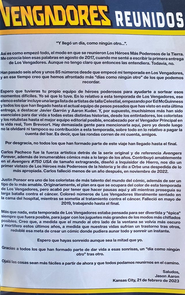 Adriniga's tweet photo. Carta de despedida de Jason Aaron en sus Vengadores en la que se acuerda de los fallecidos Carlos Pacheco y Justin Ponsor. https://t.co/VPocJxw4DF