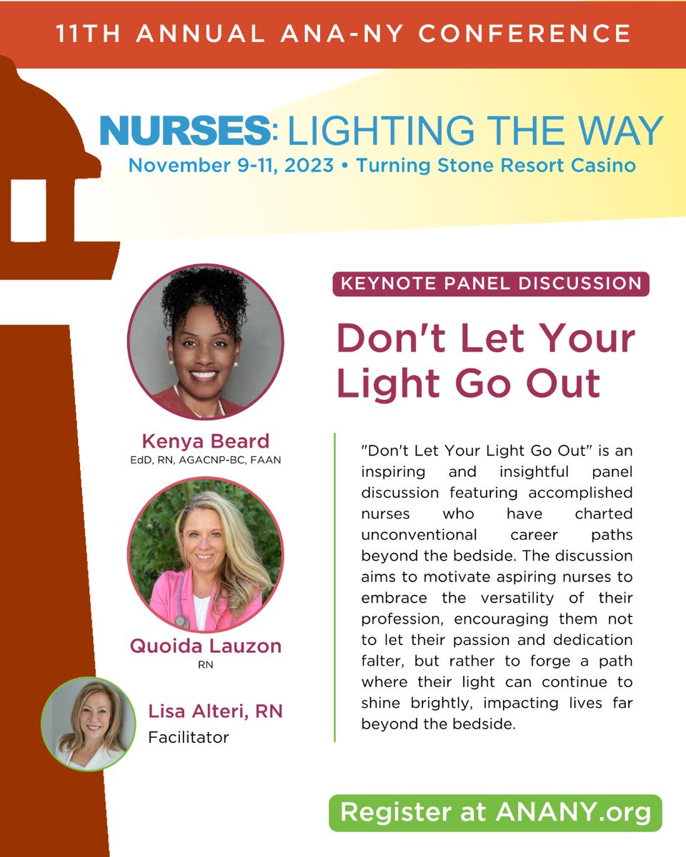newyork_ana's tweet photo. Don't miss the Keynote Innovations Panel titled "Don't Let Your Light Go Out," featuring Lisa Alteri, RN; Quoida Lauzon, RN; Kenya Beard, EdD, RN, AGACNP-BC, FAAN at the 11th Annual ANA-NY Conference this November! 🌟 Learn more and register at https://t.co/44LUPN58eG

#NYnurses https://t.co/u17K7yCBmB