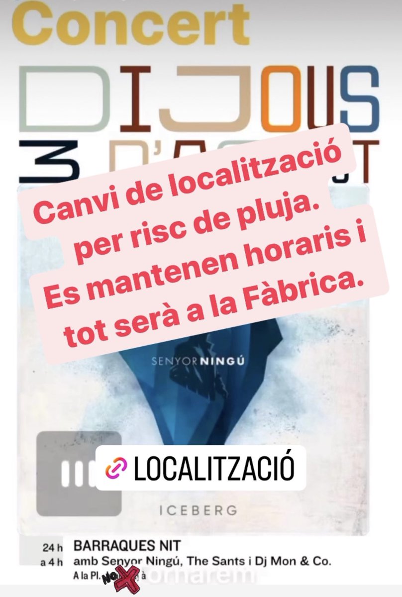 Canvi de localització per risc de pluja. Es mantenen horaris i tot serà a la fàbrica de #vacarisses ☔️🌂🌈
#festamajorvacarisses #ViuVacarisses