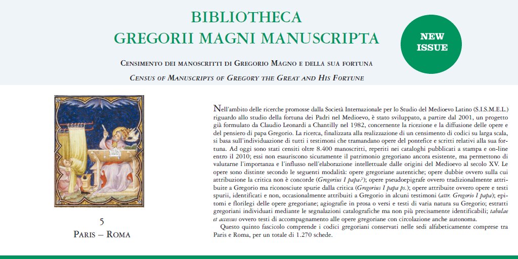 New issue: Bibliotheca Gregorii Magni Manuscripta. 5. Paris - Roma. A cura di Francesca Sara D’Imperio 🔗bit.ly/3Obl98C
#medievaltwitter #medievalliterature #medievalauthors #medievalculture #storiadellachiesa #churchhistory #medievaltexts #gregoriomagno #gregorythegreat