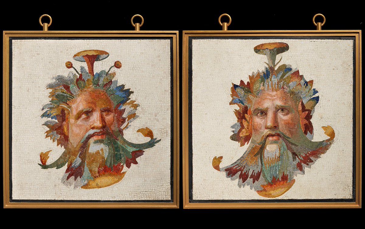 OptimoPrincipi's tweet photo. Two spectacular portraits of Oceanus, Titan god of the great ocean encircling the world, belonging to a mosaic floor discovered in 1823 in a vineyard near the Via Portuense in Rome. Other fragments of the lavish mosaic were embedded in the floors of Woburn Abbey, Bedfordshire, before being disassembled in the 1980's and eventually sold to private collectors. Early 2nd century AD.
