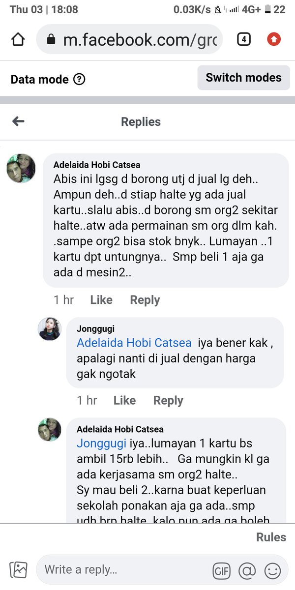 Dear @PT_Transjakarta 

nih ada keluhan kecurigaan kartu Jaklingko diborong lalu dijual kembali dengan harga tinggi;
coba dipikirkan cara agar hal macam ini tak terus terjadi;
saya sendiri beberapa kali coba cari tak dapat..

m.facebook.com/groups/buswayf…