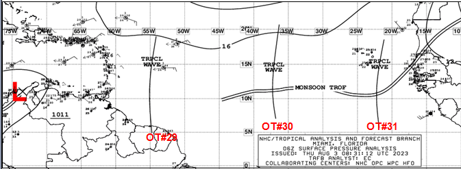 claudio_mj's tweet photo. 🧿Ondas Tropicales🧿
La #OndaTropical #29 acercándose a las antillas Menores, convección moderada aislada
#OT30 Atlántico central, convección moderada aislada y chubascos dispersos
⚠️ #OT31 activa onda tropical que debemos de observar. https://t.co/rUooStyv4F