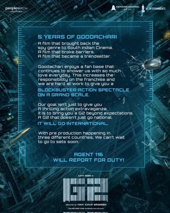 5 years for the GUNSHOT BLOCKBUSTER #Goodachari ❤️‍🔥 

Agent 116 will be back with #G20Empower 

This time, the action extravaganza will be beyond the borders and beyond all expectations🔥 

#5YearsOfGoodachari

@AdiviSesh @vinaykumar7121 @AAArtsOfficial @AKentsOfficial