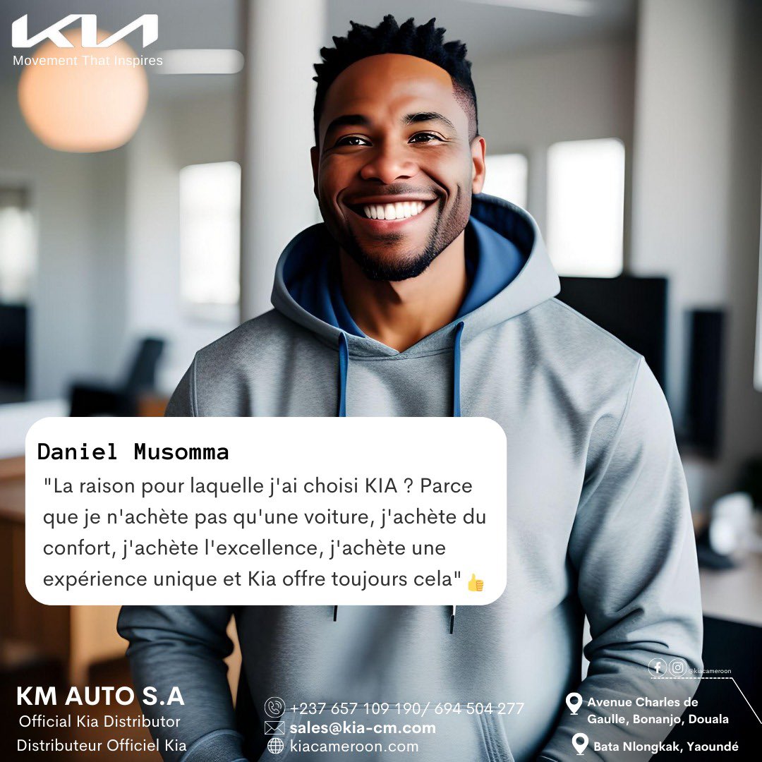 KiaCameroon's tweet photo. Trouvez satisfaction avec les véhicules KIA.

•
•
•
#kiacameroon #kiaworldwide #movementthatinspires https://t.co/z71Epbl77e