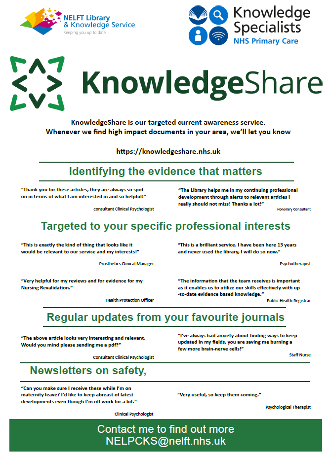 NELPCKS's tweet photo. 📢NEL Primary Care, would you like to receive 
personalised #CurrentAwarenessService to keep you up to date?

🔸Set up your #NHSKnowledgeShare profile to
receive #evidence updates, guidelines etc 

✅ https://t.co/lqltwQCoIp
 
Access via NHS #OpenAthens -https://t.co/vsxK8Ravdb https://t.co/ZnrXEhdXpR