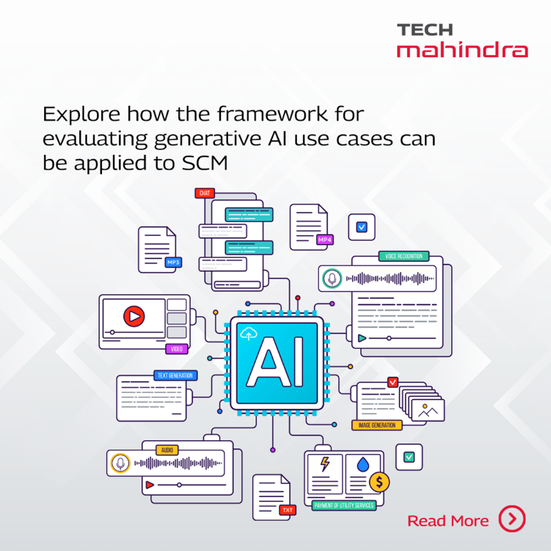 tech_mahindra's tweet photo. Transforming supply chain management with #GenerativeAI.
Explore the framework for unearthing use cases using generative AI for #SupplyChainManagement.
Know More: https://t.co/RfrR7ESIN7
#NxtNow #DigitALLScape #Technology #AI