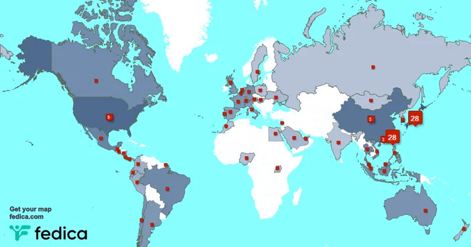 My followers are in Japan(28%), Taiwan(28%)... Get your map  fedica.com/!k1380426