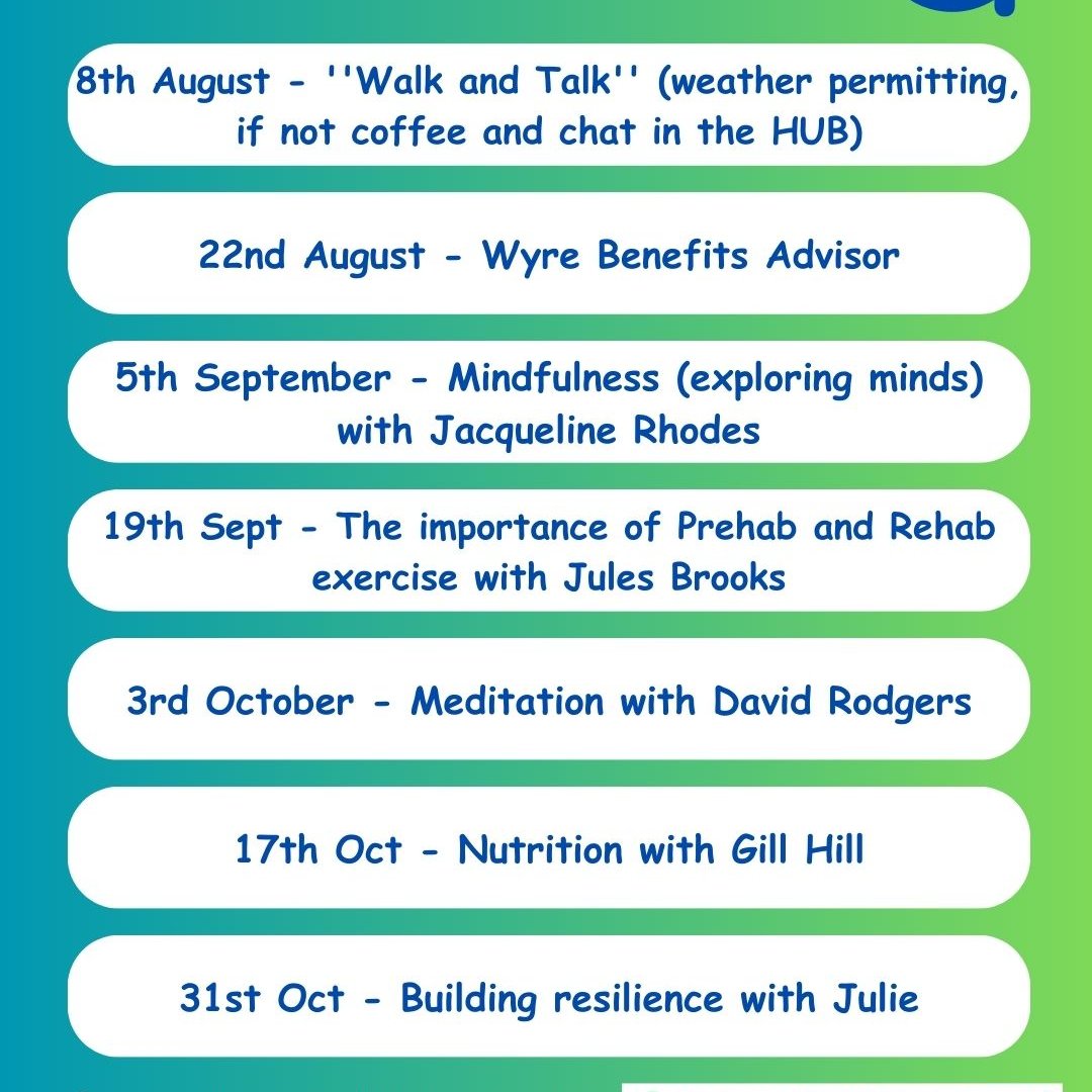 Transform Your Tuesdays Workshop Updates. We have NEW scheduled dates, lots going on for patients!! To book on any of the sessions (or all) call 01253 955710 💚 All sessions are 1pm-3pm Located at our Macmillan Fleetwood HUB, Fleetwood Hospital (entrance on) Bold Street, FY7 6BE