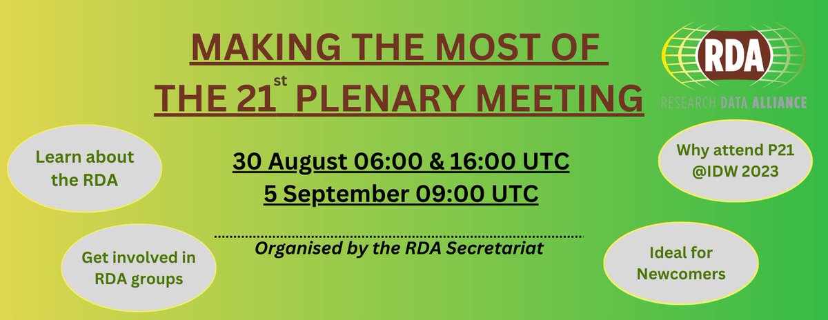 Would you like to know more about the RDA and how to make the most of #RDAPlenary 21st meeting as part of #IDWSalzburg2023? Join one of webinars on:
30 August 09:00 and 16:00 UTC
5 September 06:00 UTC
➡️Register bit.ly/3QurkYh