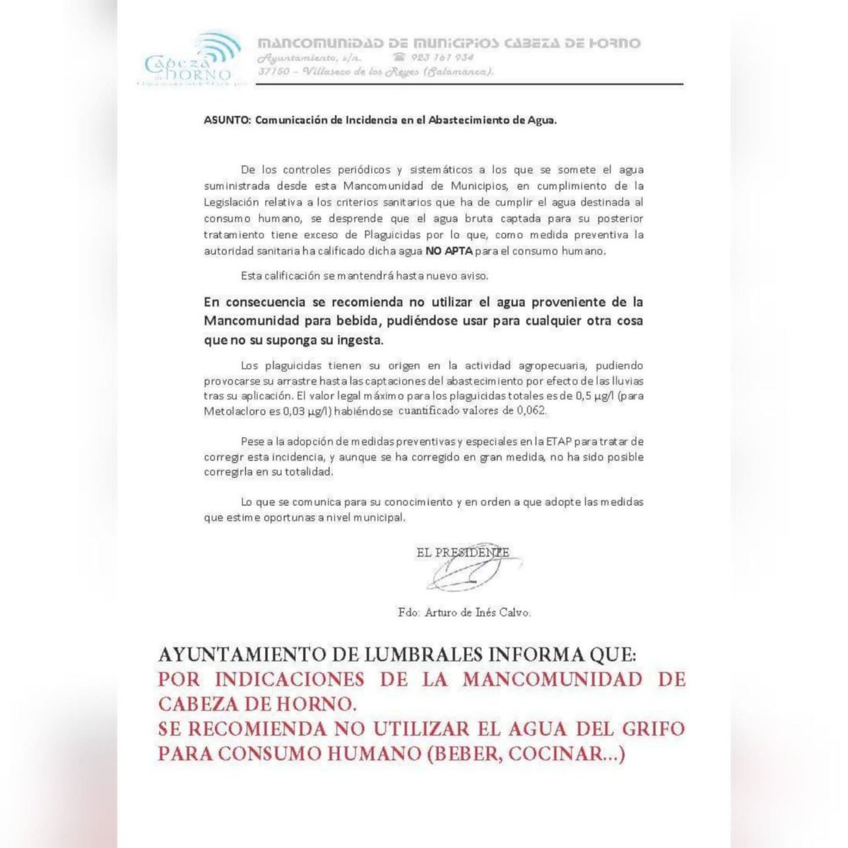 Otro municipio donde el agua de grifo ha dejado de ser apta para el consumo: Lumbrales (Salamanca).
Contaminada por metalocloro, un plaguicida PROHIBIDO desde hace años.
El descontrol que existe en España en el uso de pesticidas es muy grande. Las administraciones deberían actuar