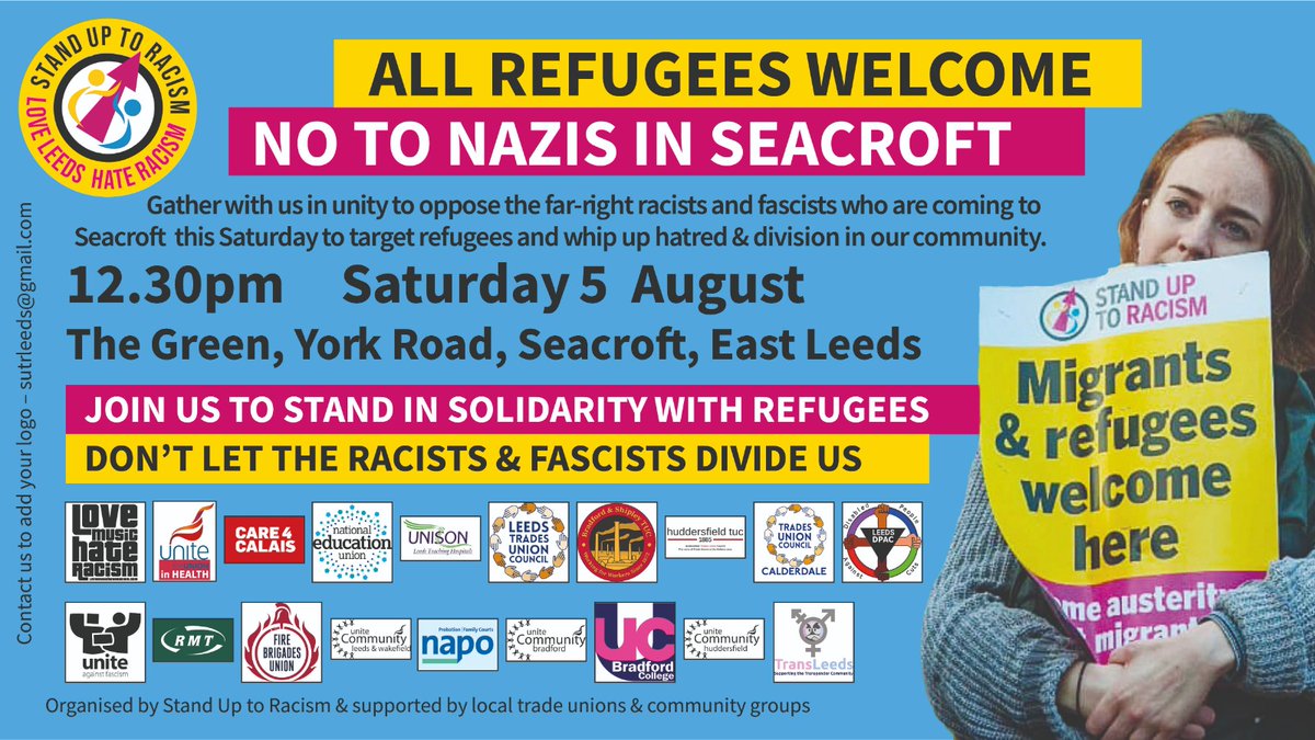 AntiRacismDay's tweet photo. #Solidarity to @SUTRLeeds and all supporting this Saturday's unity mobilisation in Seacroft to say #RefugeesWelcome #NoNazis 
#NoRacismNoFascism #StopScapegoating https://t.co/RCUkVm7A1Q